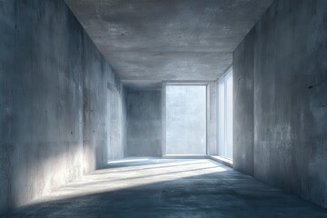 Empty concrete room with sunlight streaming through windows in a spacious interior setting during daylight hours