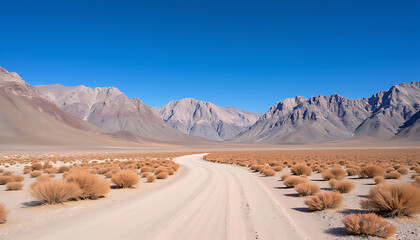 Dirt road leading through desert landscape towards majestic mountains under a clear blue sky