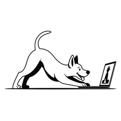 Playful dog excitedly typing on a laptop computer