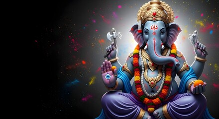 Fototapeta premium Ganesha deity with crown and jewelry sitting in meditation pose against a colorful background art