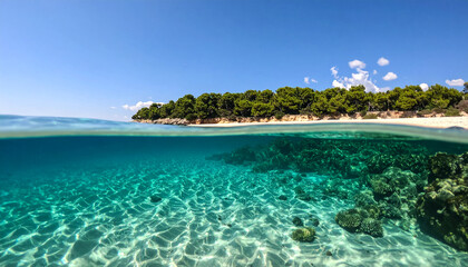 Naklejka premium Beach ocean underwater split view summer travel