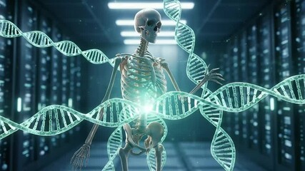 Human skeleton and DNA structure in a modern digital server room setting - Powered by Adobe