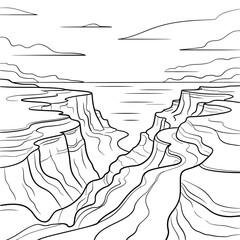 Dramatic black and white sketch of a vast canyon landscape with layered rock formations and a distant horizon