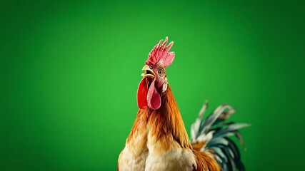 Rooster crowing loudly with vibrant plumage on a green background - Powered by Adobe