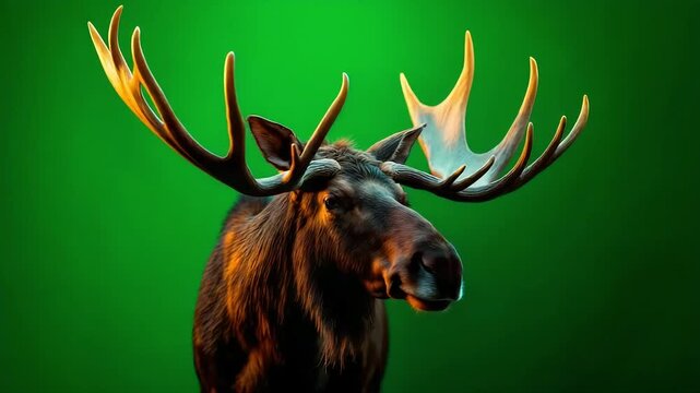 Majestic moose portrait with enormous antlers on a green background
