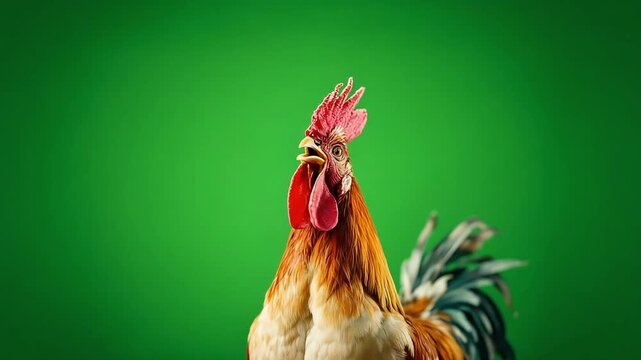 Rooster crowing loudly with vibrant plumage on a green background