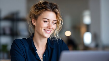 Smile woman dark blue shirt use laptop working customer service in white room modern office