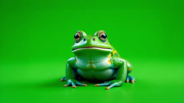 Vibrant green frog sits prominently against a monochromatic background