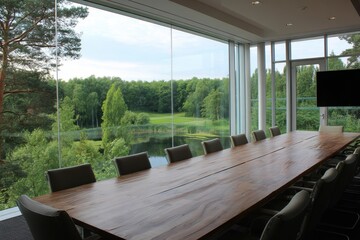 Modern conference room featuring a large window overlooking a lush green landscape perfect for collaborative meetings and discussions