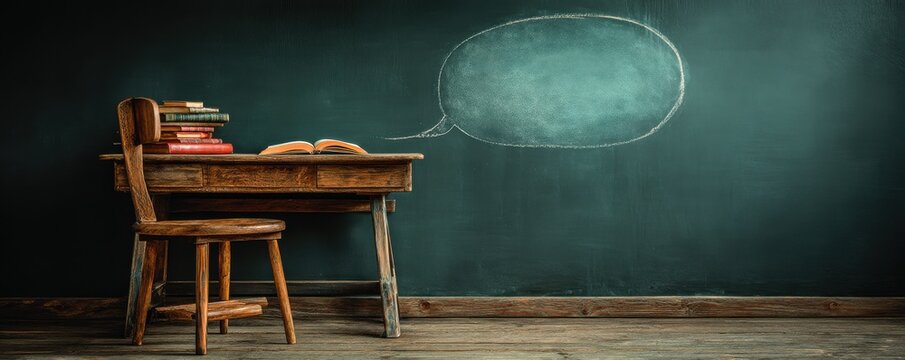 Open book and wooden chair against chalkboard with speech bubble