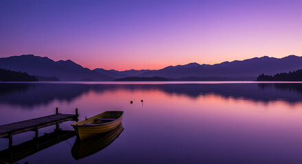 A calm lake reflecting a vibrant purple and pink sunset, framed by distant mountains and a dock.

