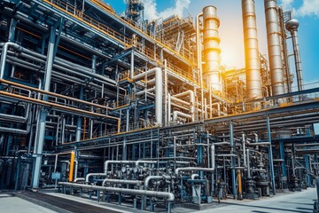 Fototapeta premium Industrial complex with intricate metal pipes and structures under a bright sky