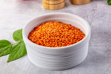 Raw dry red lentil in the bowl