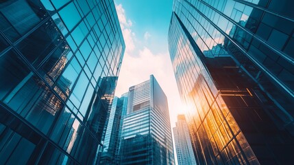 Low angle view of modern glass skyscrapers. Sunlight streams between buildings