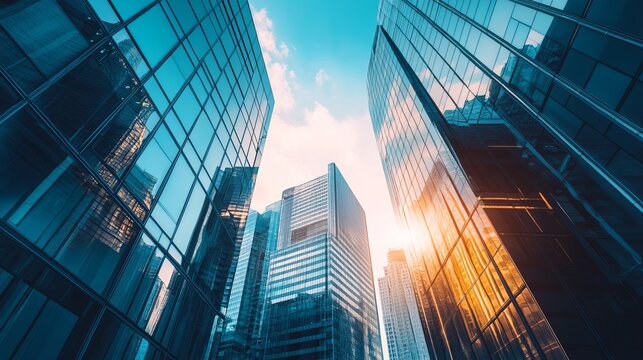 Low angle view of modern glass skyscrapers. Sunlight streams between buildings