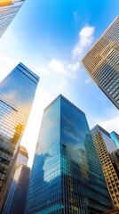 Obraz premium Low-angle view of modern skyscrapers against a clear sky with clouds