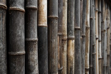 Fototapeta premium Natural bamboo wall showcasing unique texture and patterns found in tropical regions, highlighting the beauty of sustainable architecture and outdoor living environments