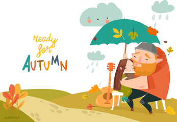 Couple embracing on bench and drink coffee under umbrella. Vector illustration