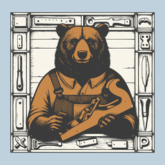 Retro bear craftsman mascot drawn in clean vector lines
