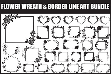 Obraz premium Floral Wreath & Border Line Art Set 