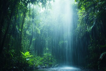 Fototapeta premium Monsoon rain falling over jungle stream 
