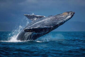 Massive blue whale breaching the ocean surface near the coast, showcasing its immense size and grace in a spectacular display of nature's beauty