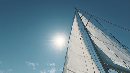 Sailboat mast and sails against a bright blue sky with sun.
