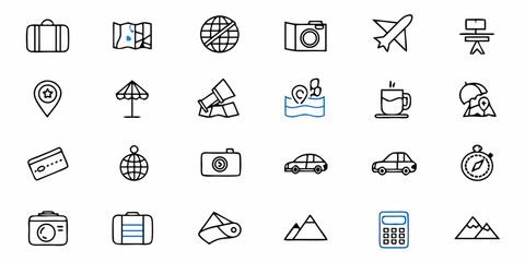 Travel vacation icons vector set for tourism planning adventure journey and holiday trip destination one hundred icons collection on transparent background