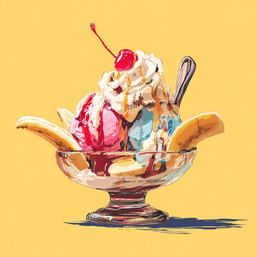 Hand-sketched cartoon of a banana split