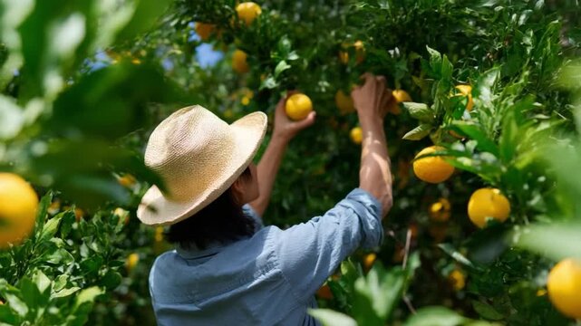 Golden Harvest: A person, adorned in a straw hat, carefully gathers ripe citrus fruits from the laden branches of a flourishing tree, epitomizing the bounty of nature's embrace.