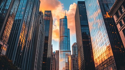 Skyscrapers at sunset, urban city scene