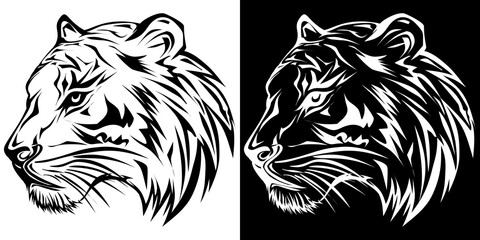 Powerful Tiger Head Profile in Dynamic Black and White Tribal St