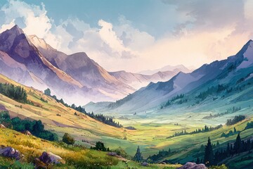 Fototapeta premium Vast panorama of serene mountain landscape and vibrant meadow showcasing natural beauty at golden hour