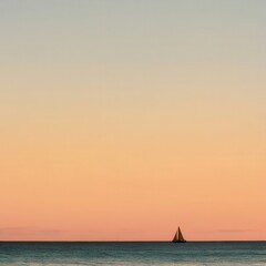 Solitary sailboat against a serene sunset sky.