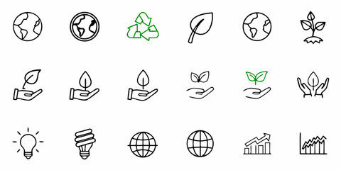 Eco friendly sustainability concept with earth globe leaf recycle energy and growth chart vector design icons collection on transparent background