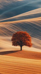 Single Autumn Tree Standing on Sand Dunes in Warm Sunset Light