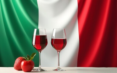Celebration of italy's republic day with italian flag and wine glasses for festive decor. Festa della Repubblica. Vertical banner. Copy space. Liberation Day. High quality