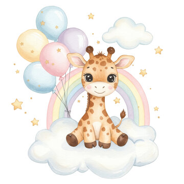 A cute cartoon giraffe sits on a cloud with balloons and a rainbow. isolated on a transparent background, png, cutout