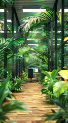 Lush Indoor Greenhouse with Tropical Plants and Wooden Pathway