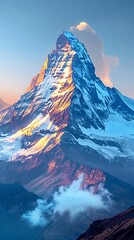 Majestic Snow-capped Mountain Peak During Sunrise with Blue Sky and Clouds