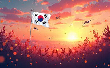 Graphic design of Korean Independence Day celebration with sunset. High quality