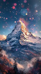 Snowy Mountain Peak Under Colorful Night Sky with Sparkling Lights