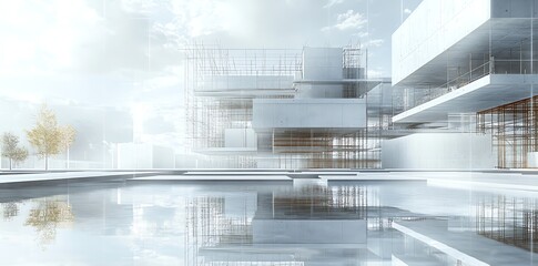 Modern Futuristic Building Under Construction Reflecting in Water with Clear Sky and Sparse Trees