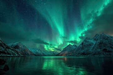 Fototapeta premium Majestic aurora borealis illuminating the sky over snow-capped mountains beside a tranquil lake during a starry night in Norway