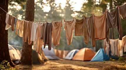 Laundry drying under the sun at a vibrant camping site surrounded by trees in the afternoon
