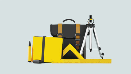 Fototapeta premium Illustration of a black satchel with a yellow notebook pen ruler and level on a tripod stand