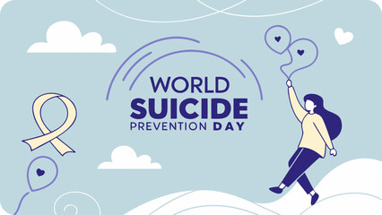 Illustration for world suicide prevention day featuring a ribbon and balloons to promote awareness and support