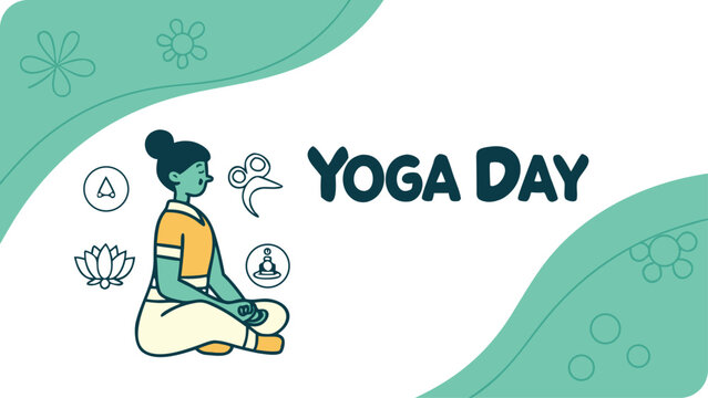 Illustration for international yoga day featuring a woman in a meditative pose surrounded by symbolic elements promoting wellness and peace