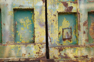 rusty green yellow iron plate. grunge iron panel. 