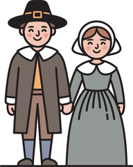 Pilgrim Couple Holding Hands with Smiling Faces on Transparent Background Illustration